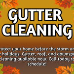 Autumn-themed graphic advertising gutter, roof, and downspout cleaning services, with text encouraging customers to prepare for storms and holidays.