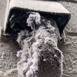 A clogged exterior exhaust vent covered with lint and debris before cleaning by The Dryer Vent Guy.