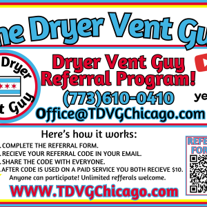 Promotional flyer for The Dryer Vent Guy's Referral Program, outlining steps to earn rewards by referring customers.